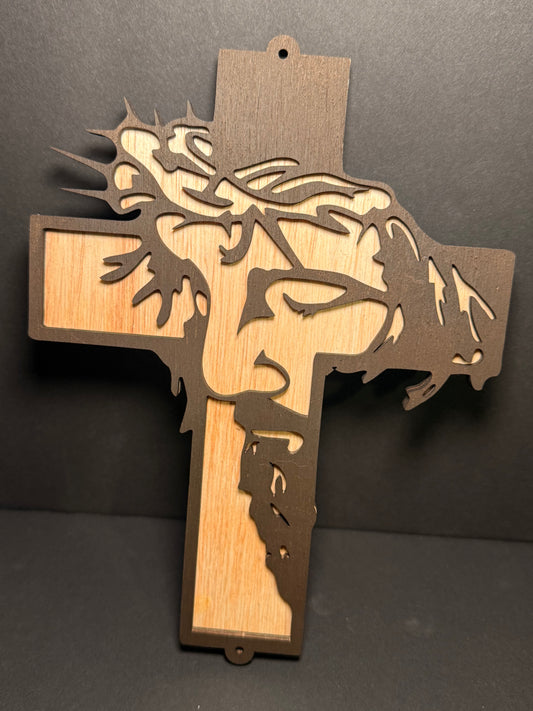Layered Wooden Cross – Jesus with Crown of Thorns