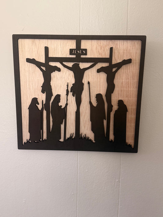 Jesus on the Cross with Two Thieves (Layered Wood Wall Art)
